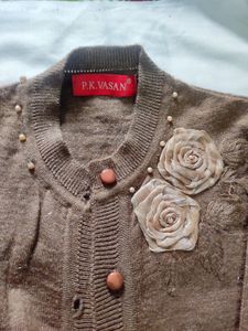 Brown Knit Cardigan with Floral Detail