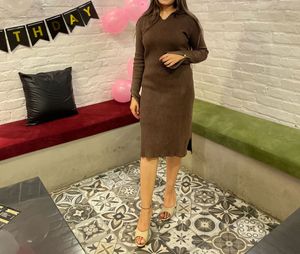 Brown Ribbed Knit Midi Dress