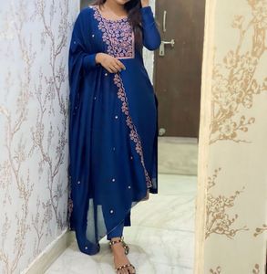 Elegant Blue Embroidered Suit with Pants & Dupatta
