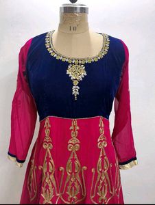 Elegant Embroidered Velvet-Trimmed Gown