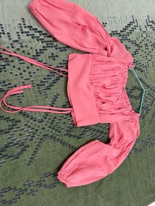 Coral off shoulder Long Sleeve Crop Top