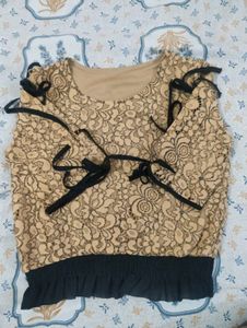 Elegant Lace Tie-Sleeve Top – Golden Beige