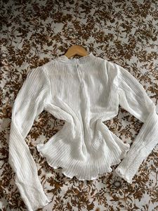 White Crinkle Mock Neck Blouse