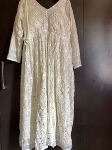 Mirror Work White Anarkali Kurta With Dupatta