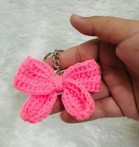 Pink Crocheted Bow Keychain
