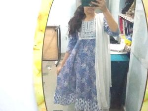 Blue  white Printed cotton anarkali frock Xl