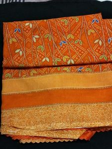 Orange Leaf Print Sari with Lace Border