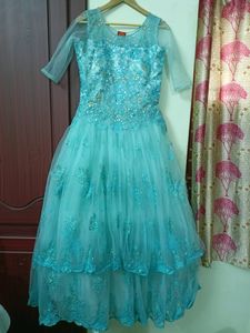 Princess Sky Blue Mirror Work Gown