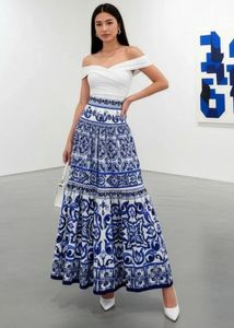 Blue & White Pattern Maxi Skirt