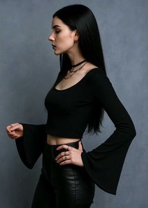Square Neck Bell Sleeve Sinched Waist Black top