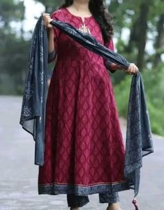 Tomato Red Kurti Set With Bottom And Duppata