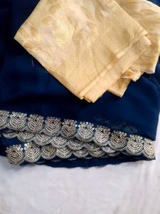 Elegant Navy Blue Saree With Golden Blouse Fabric