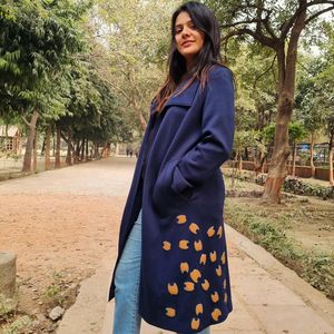 Navy Blue Overcoat Hand Embroidered Applique Work.