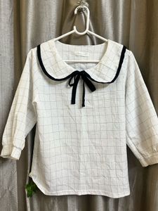 White Black Strip Korean Bow Top