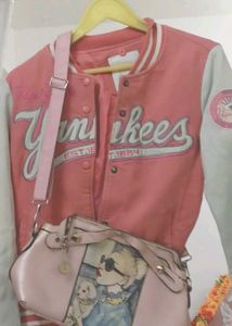 Pink New York Yankees Varsity Jacket+1🆓hand Bag