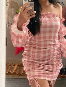 Pink Plaid Off-Shoulder Dress