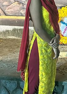 Yellow Sequence Net Sleeveless Kurti