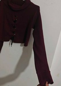 Turtle Neck Burgundy Lace-Up Crop Top Sweater