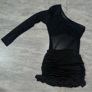 black baddie y2k mini belted one shoulder dress