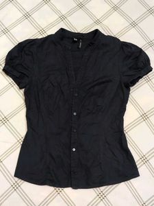 Navy Blue Fitted Puff Sleeve Placket Blouse/Shirt