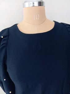 Navy Puff Sleeve Top with Pearl Detail