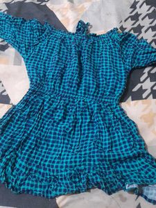 Blue Checked Off-Shoulder Dress