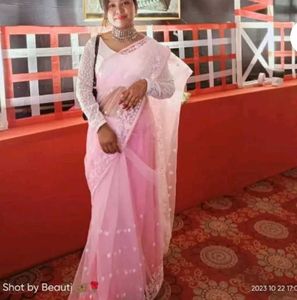 NewPink Embroidered Saree With White Blouse Piece
