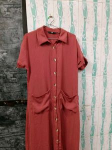 Rust Brown Button-Down Midi Dress with Pockets