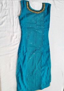 Women Teal Blue Sequence Chanderi Cotton Suit Set