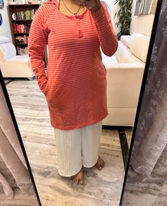 Peach Long Sweatshirt With Hoodie