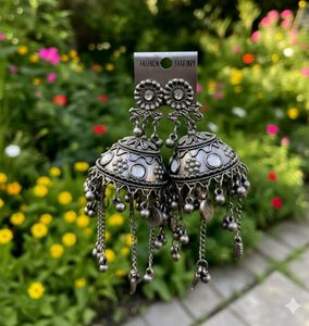 Oxidized dark Silver Jhumka with Mirror Work