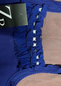 ZR Blue Ruffle Trim Tank Top Free Size