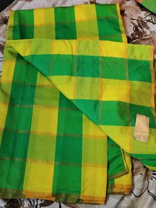 Green &amp; Yellow Checked Saree