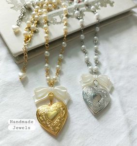 Anime Style Heart Locket Pearl Bow Necklace