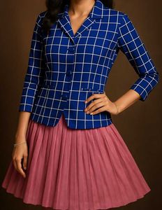 Checkered Blazer And Pleated Korean Mini Skirt