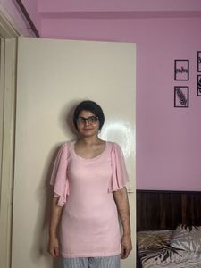 Pink Ribbed Top with Chiffon Sleeves