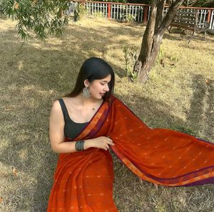 New Orange Embroidered tant Saree 🎶