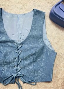 Blue Front Tie Corset Pattern Top