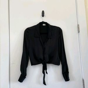 Black Satin Front Knot Shirt