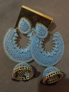 Blue Earing With Light Golden Work