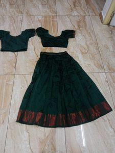Green Pattupavada With 2 Blouses