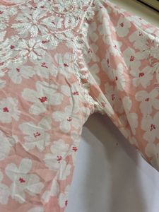 Peach Floral Printed Chikankari Embroidered Kurta
