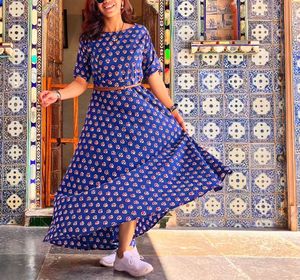 Indigo Blue Printed Maxi Dress Without Belt