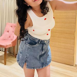 Cute White Top &amp; Denim Skirt Set
