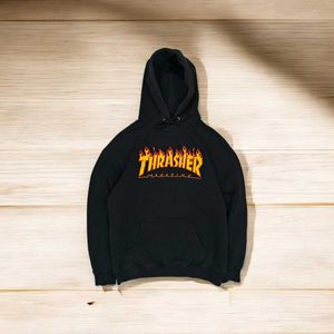 &#39;Thrasher&#39; Flame Logo Black Hoodie, Washed Look