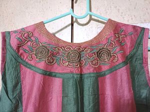 Peach-Olive Colour Silk Boat Neck Kurti