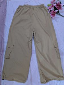 Beige Wide Leg Cargo Pants