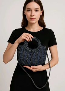Mini Vintage-Style Beaded Handbag – Midnight Blue