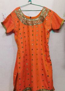Orange Mirror Work Kurti