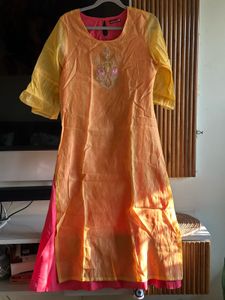 Yellow-Pink Embroidered Kurta